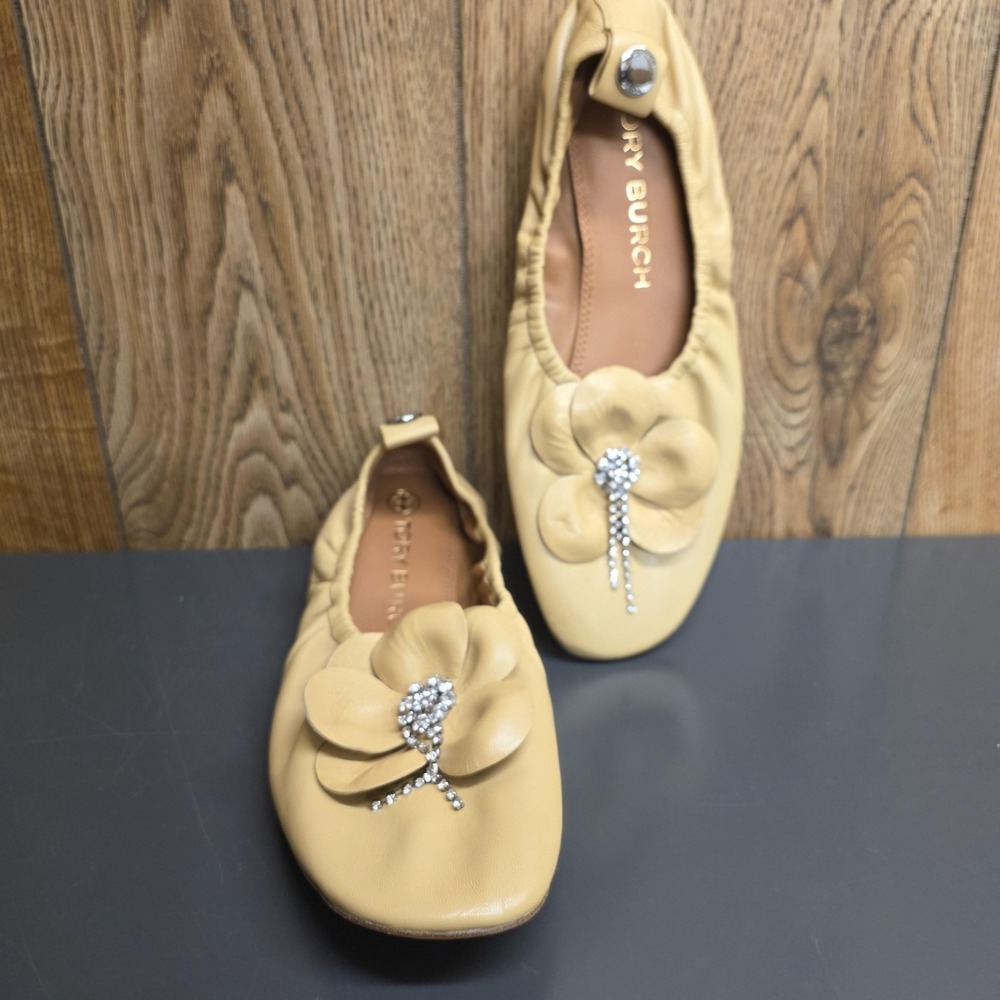 Tory Burch Ballet Flat Shoes Women 9.5 Beige Leather Rhinestone Floral - Picture 6 of 9